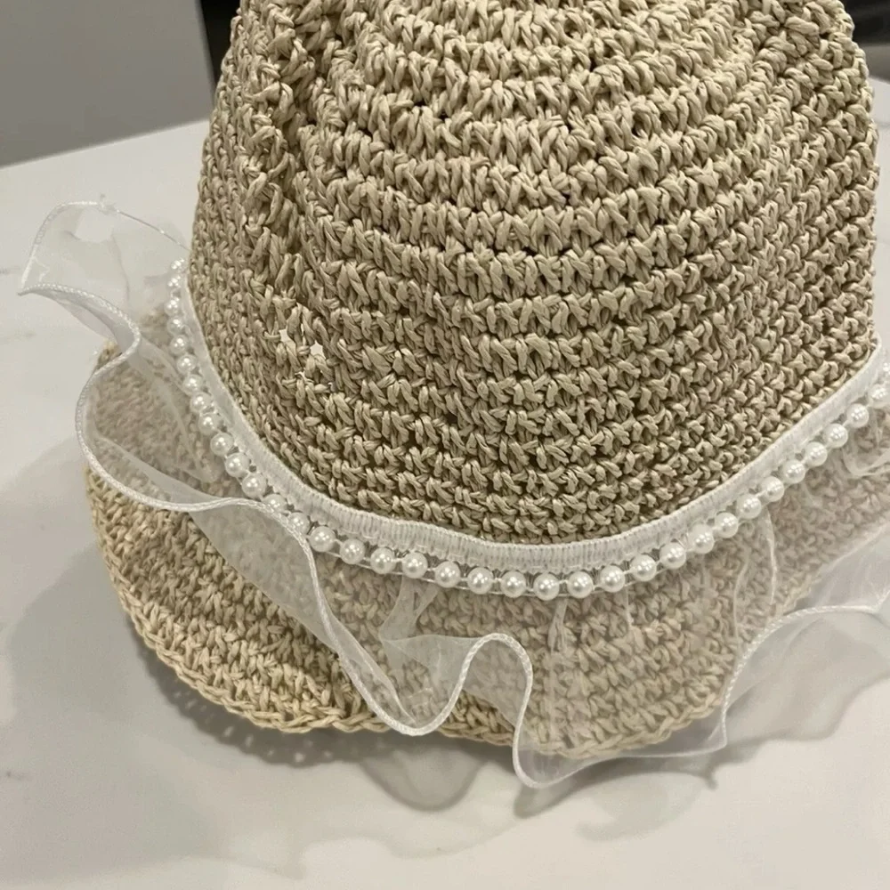 Beige Straw Hat with Pearl Trim